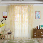 rideaux voilage feuilles stylisées vert jaune bleu violet décoratifs translucides fenêtre chambre salon