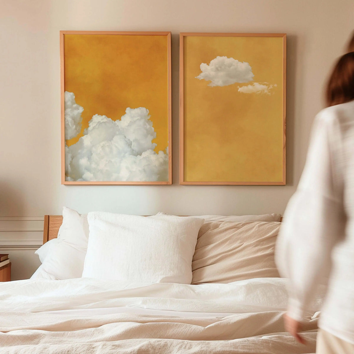 toile peinte abstraite nuages jaune blanc moderne minimaliste chambre salon decoration artwork