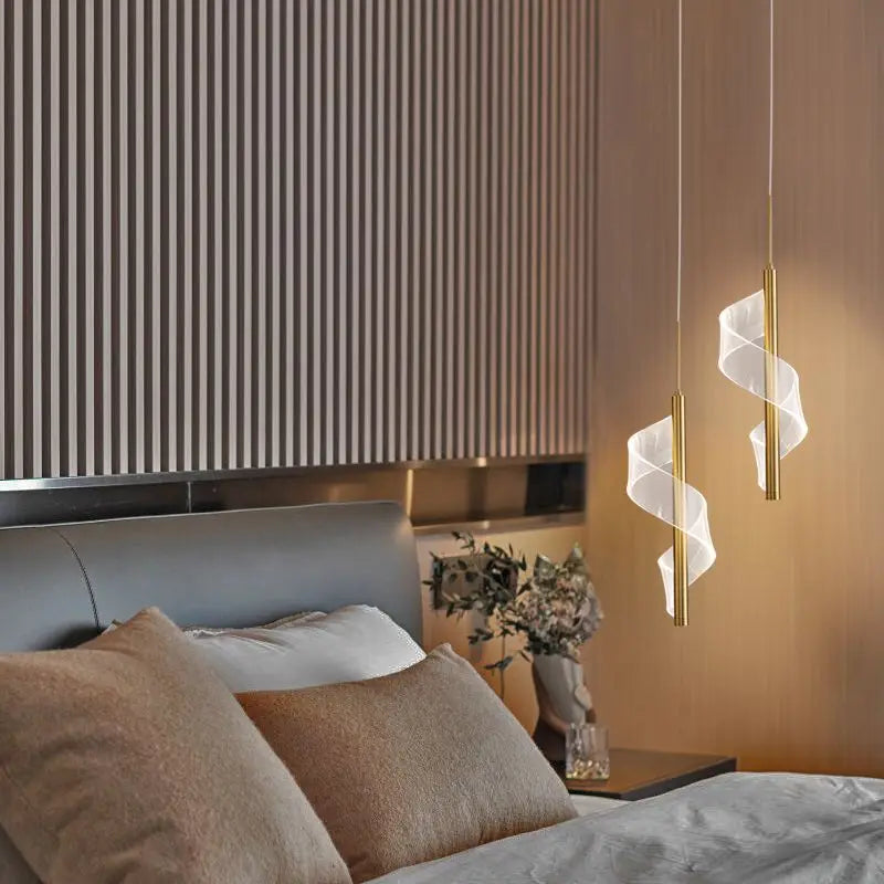 suspension lumineuse moderne or blanc spirale transparent chambre salon