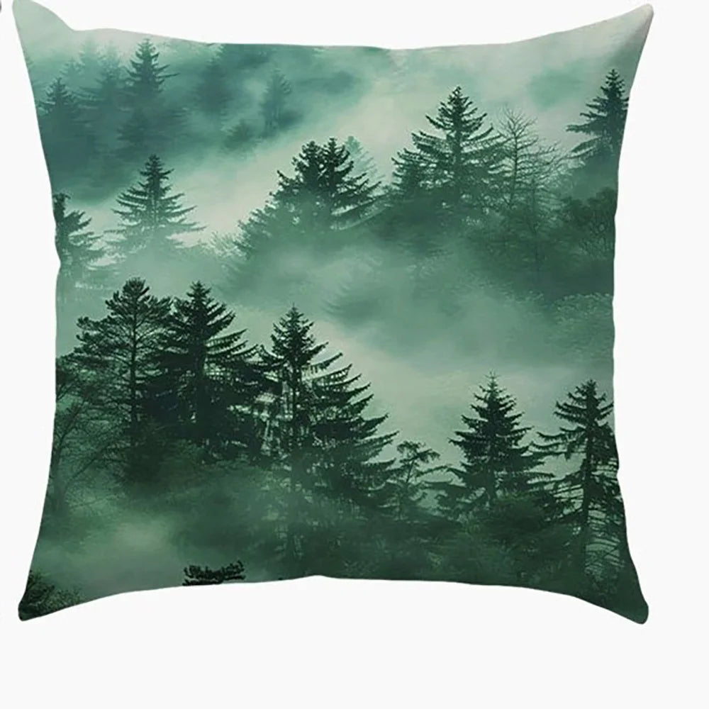 taies d'oreiller imprimées forêt brumeuse polyester peacheskin 40x40cm 45x45cm 50x50cm 60x60cm zip closure naturel