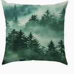 taies d'oreiller imprimées forêt brumeuse polyester peacheskin 40x40cm 45x45cm 50x50cm 60x60cm zip closure naturel