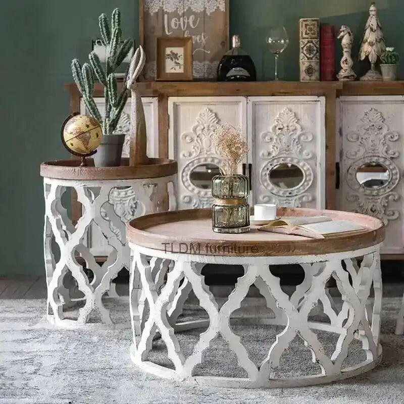 table basse rustique bois blanc structure ajourée vintage 81cm 81cm 42cm