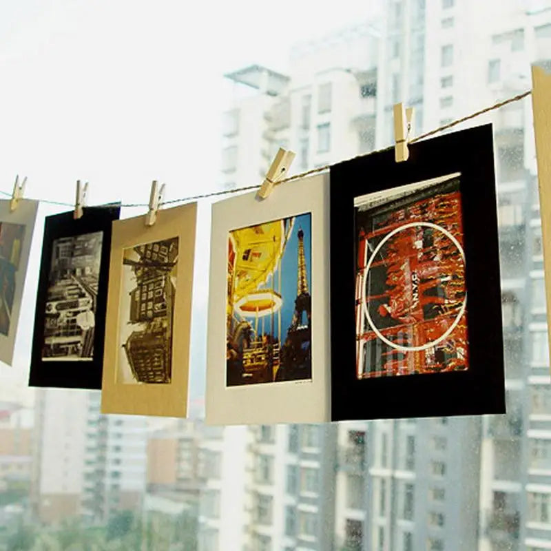guirlande photo cartes pinces linge noir marron blanc rustique décoration chambre corde jute