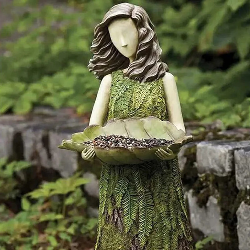 statue jardin oiseaux femme robe écorce feuilles naturelle artisanale résineextérieur minimalisteDecorationPelouseCour