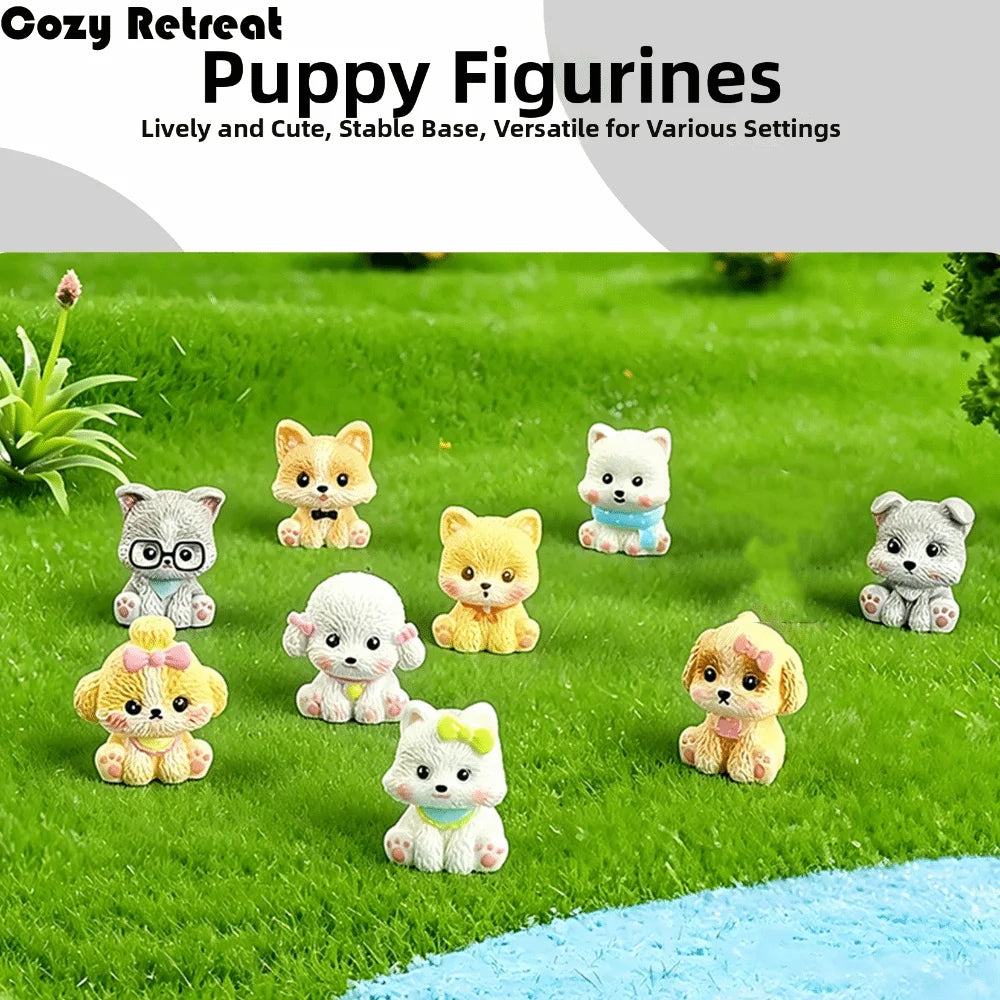 figurines chiots résine décoratives mignonnes accessoires lunettes nœud papillon blanc gris jaune orange