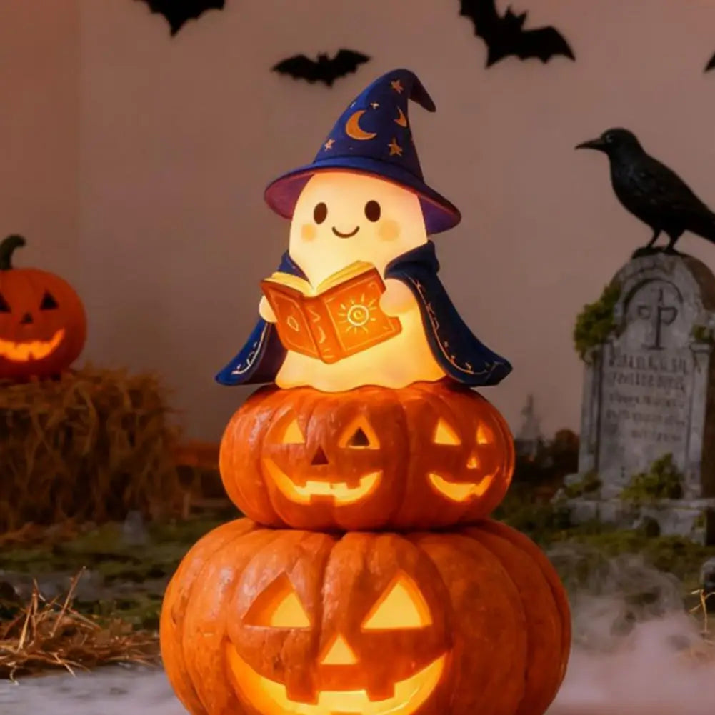 lampe fantôme magicien halloween blanc bleu orange motifs lunaire floral solaire chapeau cape