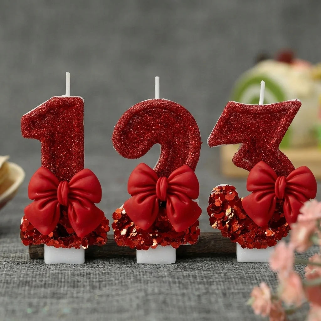 bougies numérotées pailletées rouges décoratives anniversaire cire paraffine boîte rangement support rond couteau blanc