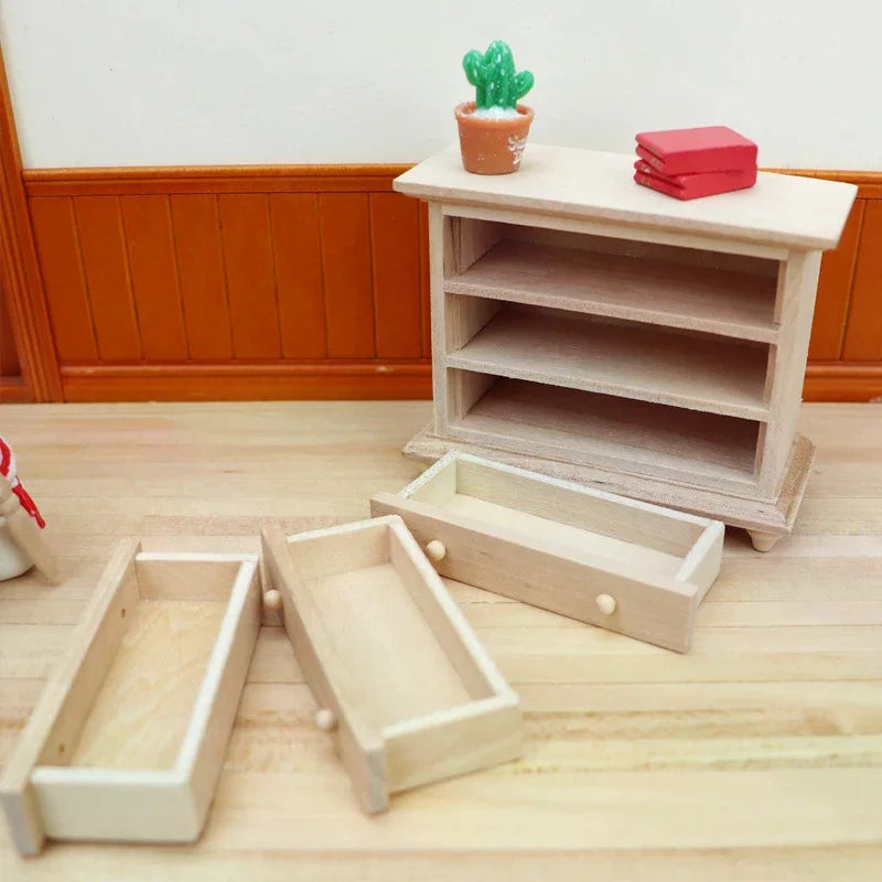commode miniature bois naturel trois tiroirs étagère ouverte rustique chambre poupée