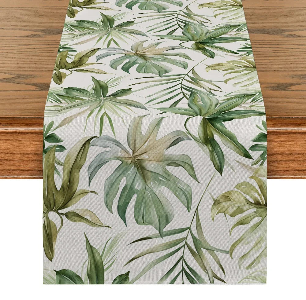 chemin table feuilles tropicales 100% lin vert beige moderne salon été
