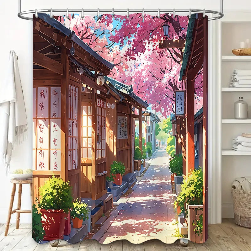 rideau douche artiste scénique fleurs cerisier opalescent annelures métalliques multicolore durable