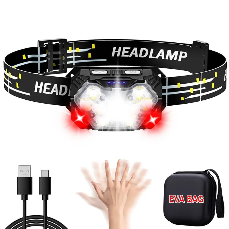 lampe frontale led rechargeable sensor mouvement clip portable travail camping pêche leds noir blanc