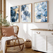tableaux decoratifs modernes abstraits bleu doré semi transparents ensemble trois