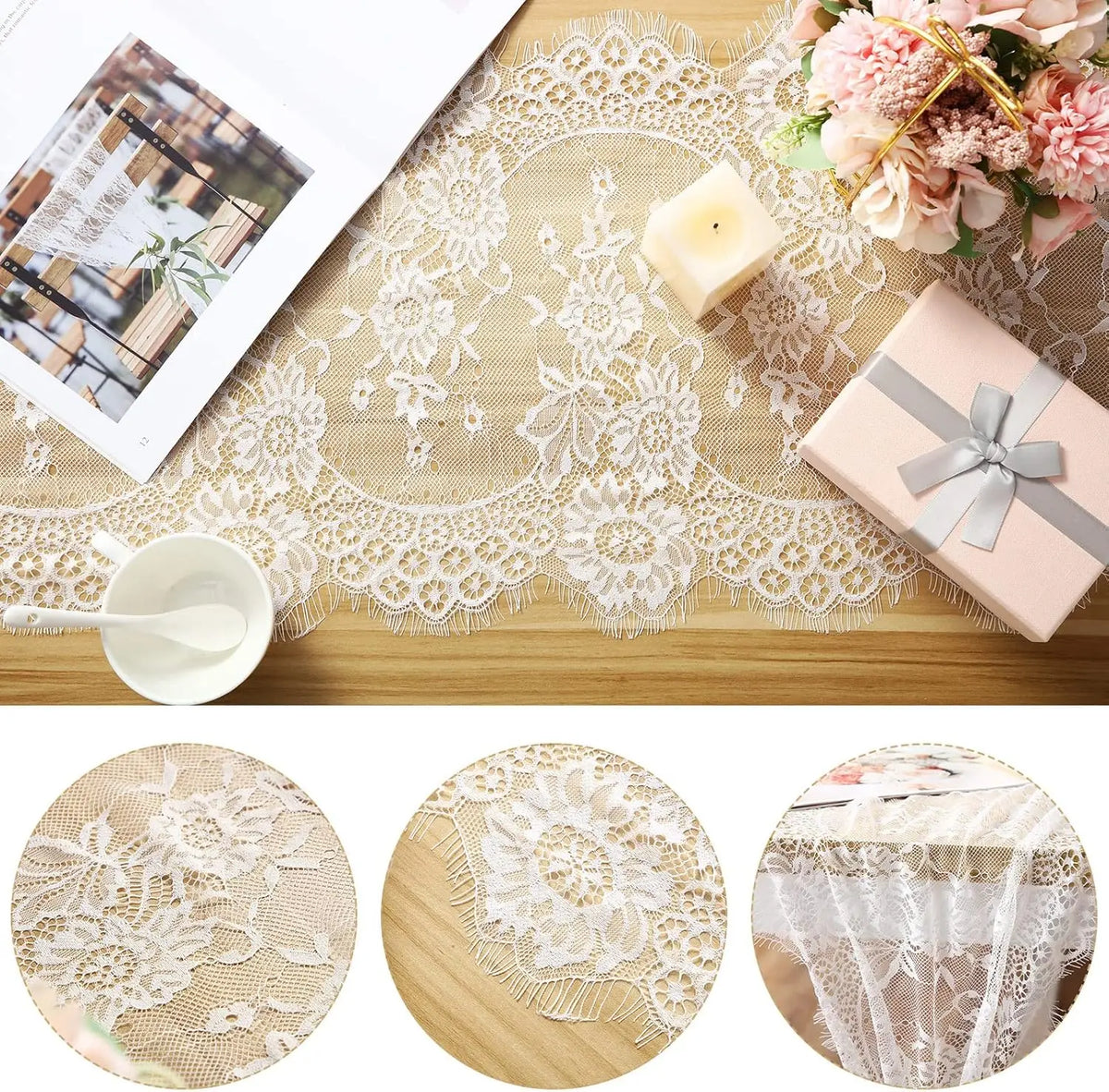 chemins table dentelle brodée mariage blanc rustique motifs floraux 10 pièces transparents