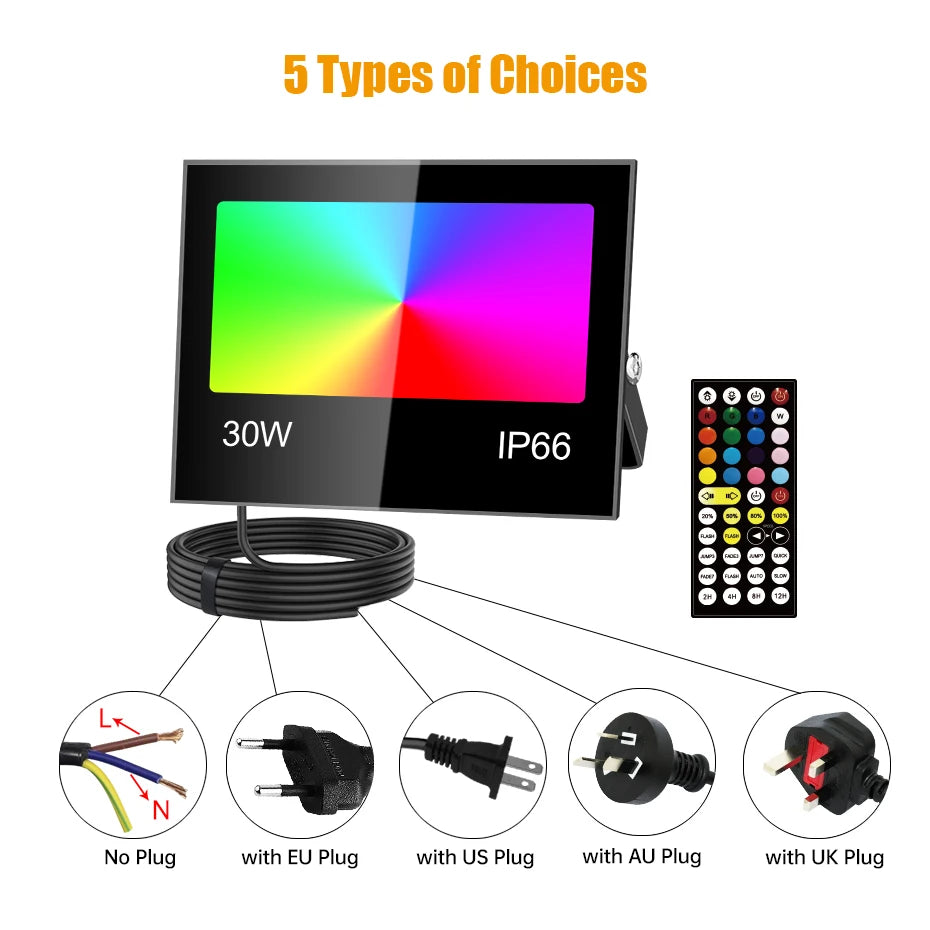 projecteur led rgb ip66 étanche extérieur télécommande réglage luminosité noir moderne