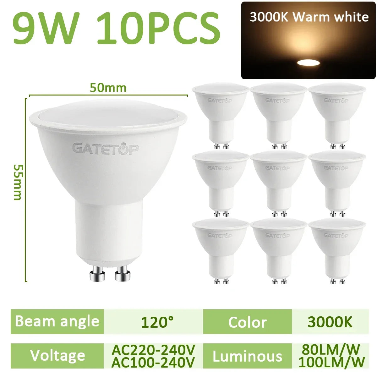 projecteur led gu10 9w blanc moderne 120 degrés 3000k 4000k 6000k transparent salon