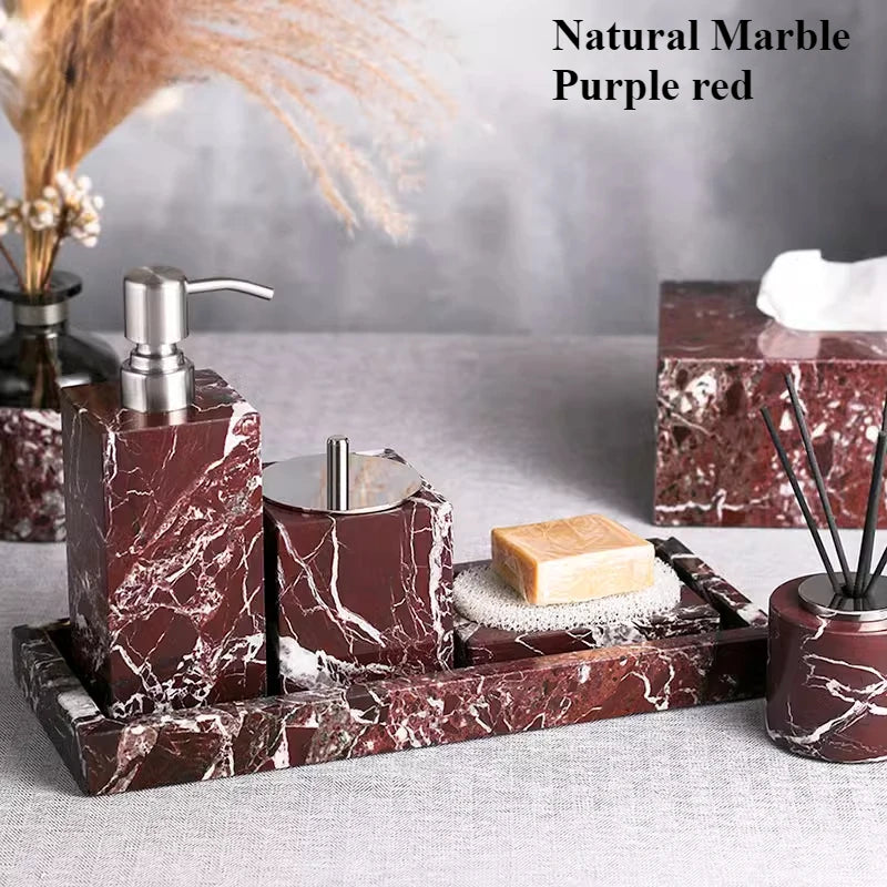 ensemble accessoires salle bain marbre violet plateau distributeur savon pot pinceau diffuseur huiles