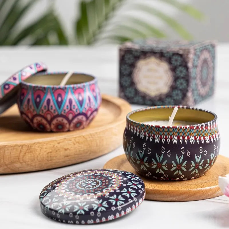 bougie parfumée cire soja boho chic motif mandala couvercle boîte rangement