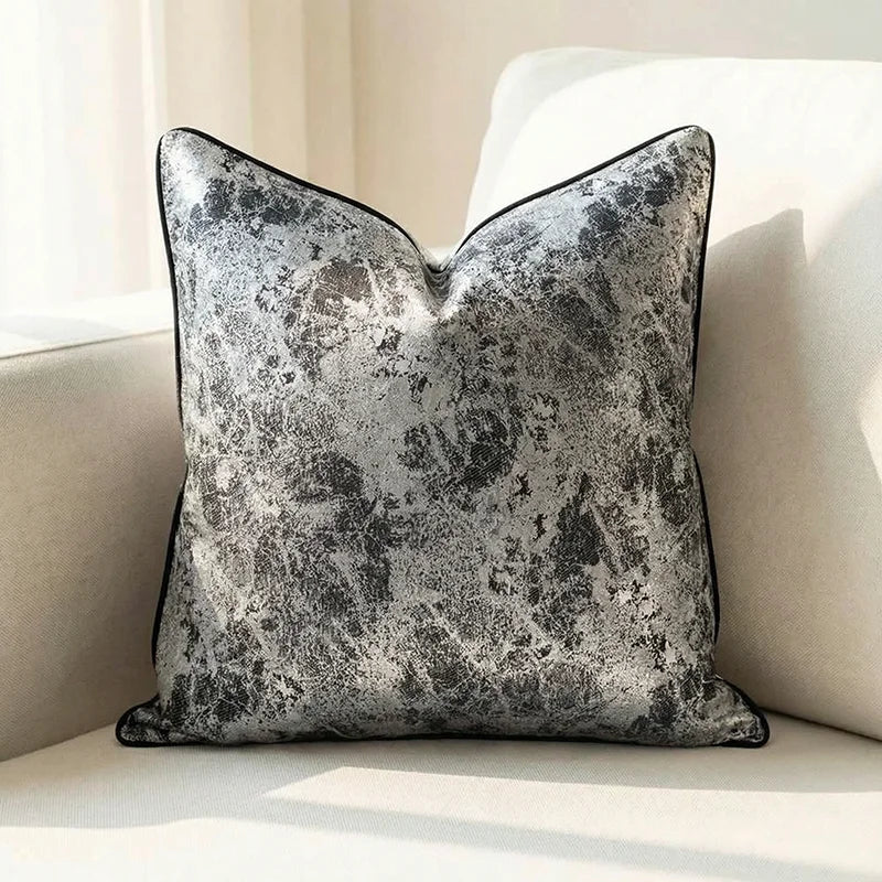 coussin carré jacquard géométrique contemporain beige gris bleu doré polyester 45x45cm