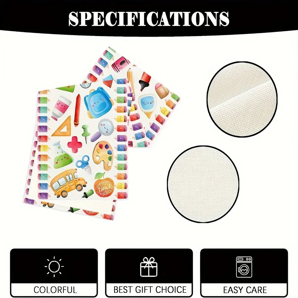 serviette table scolaire motif multicolore crayons règles pommes moderne enfantine bus scolaire faces mignonnes