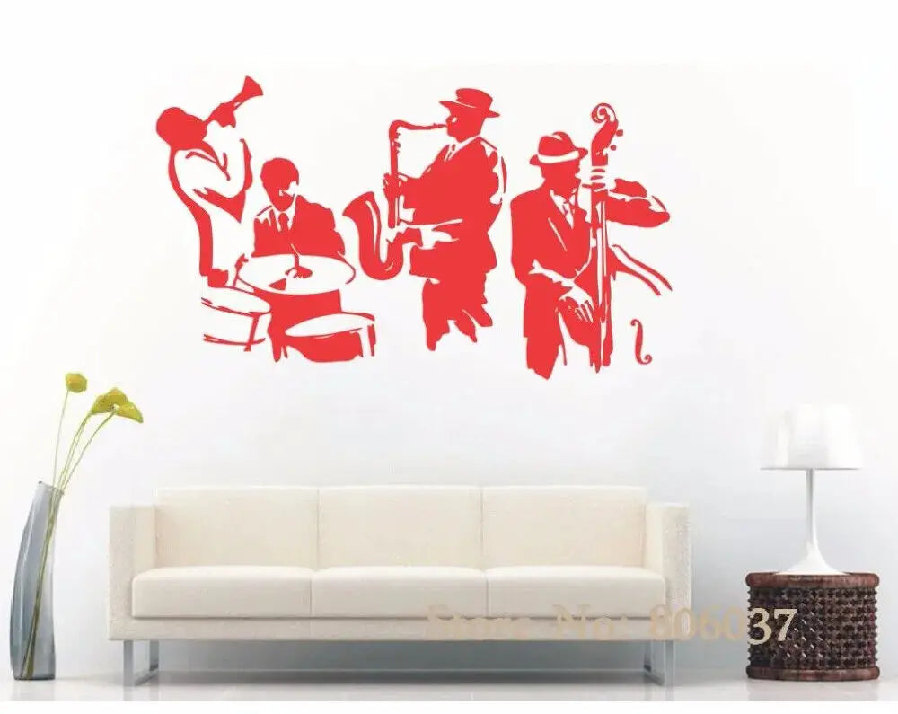 sticker mural musiciens instruments jazz noir jaune rose bleu orange artiste solide carrelage mur