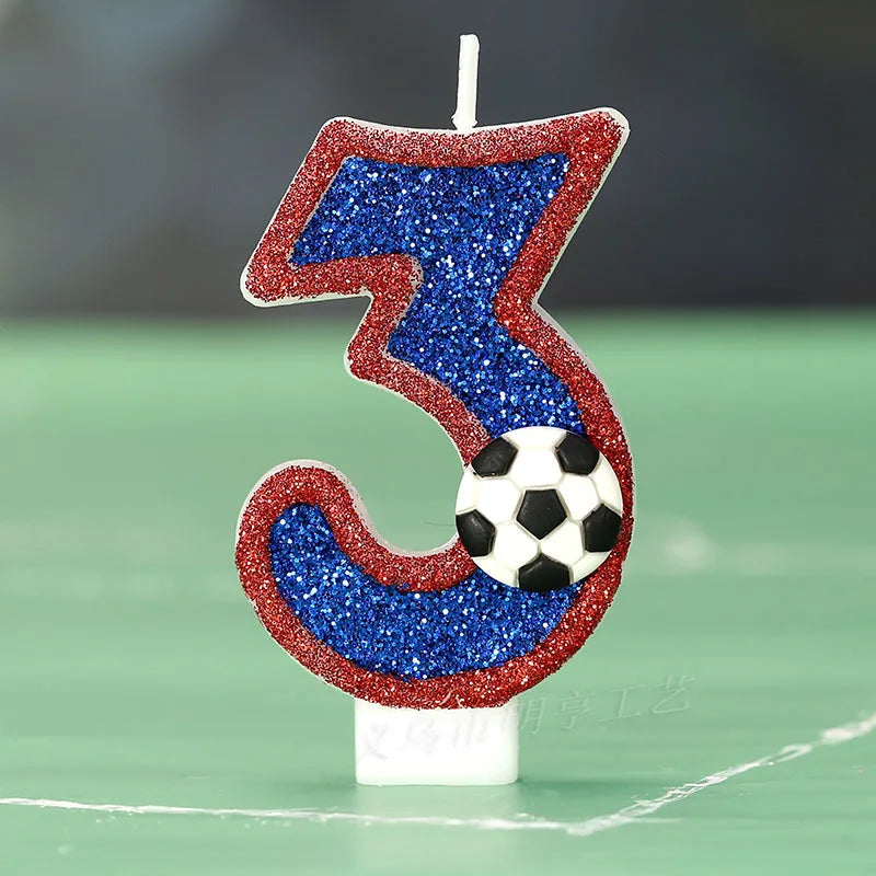 bougies numériques forme chiffres pailletées football bleu rouge blanche décoratives anniversaire sport thème tringle