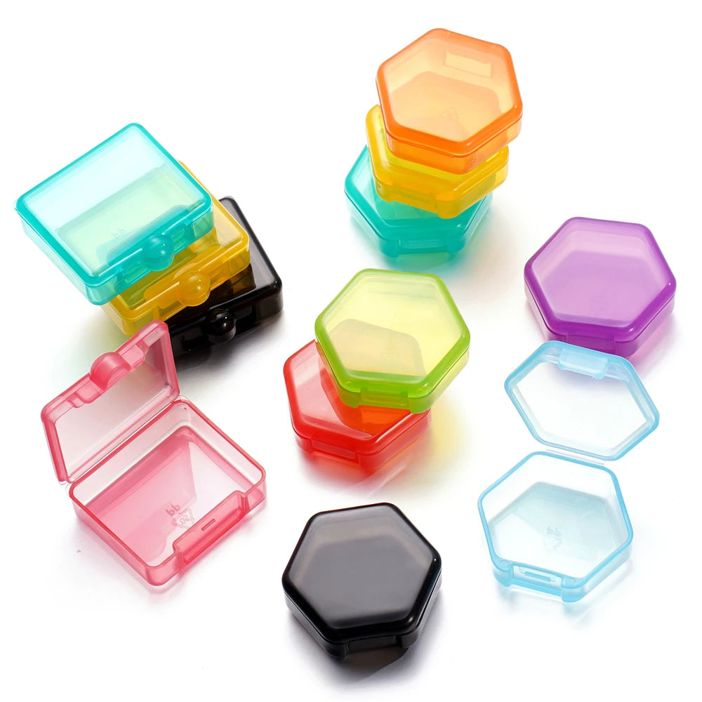 boîtes rangement hexagonnelles modernes transparentes clips colorées bleu noir vert orange violet rouge 42x46mm