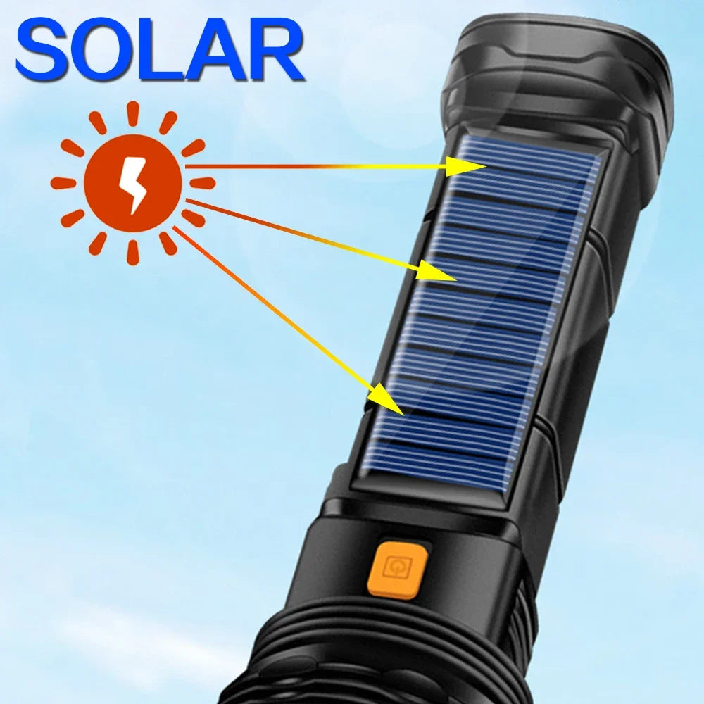 lampe torche solaire rechargeable led noire bleue orange ipx6 waterproof multifonctionnelle banque