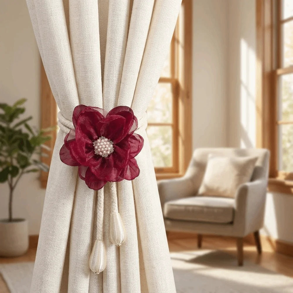 rideaux attaches fleurs décoratives beige bleu rouge rose noir tringle chambre coucher