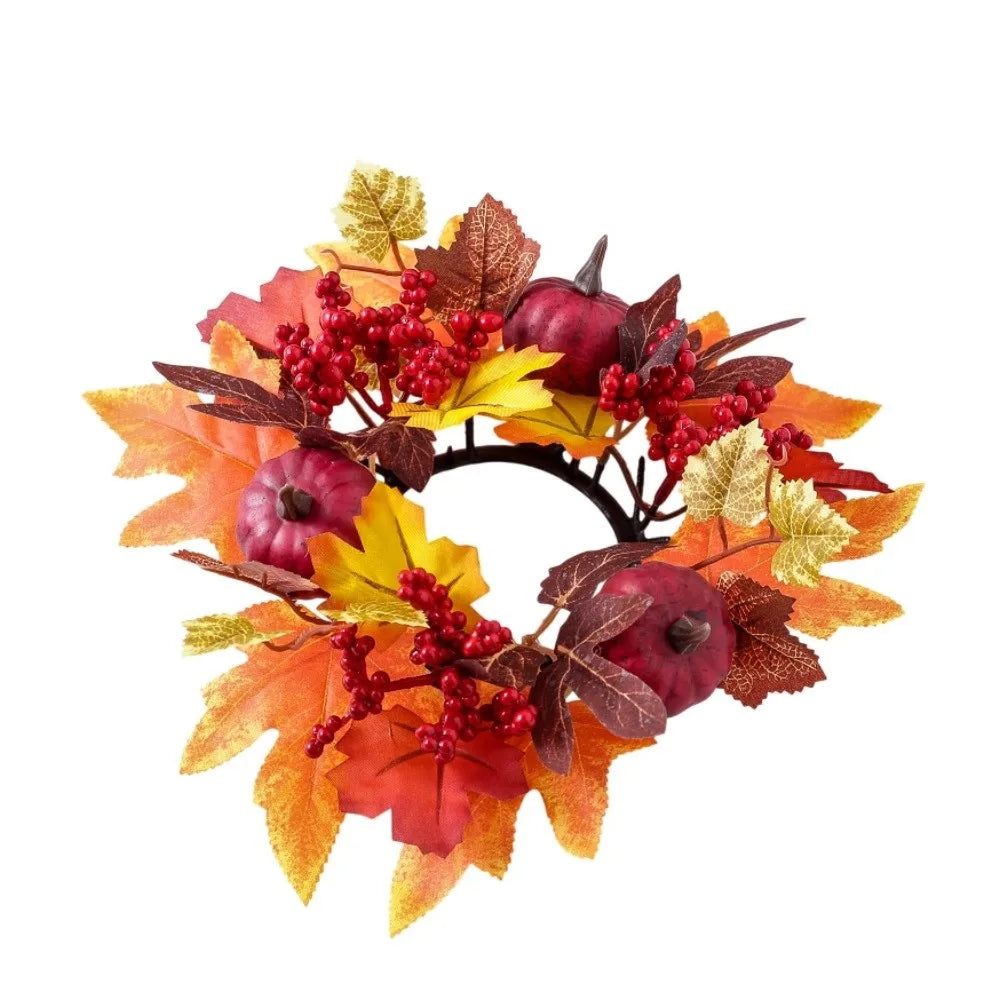 décoration automnale bougie feuilles baies citrouille orange rouge verte festive