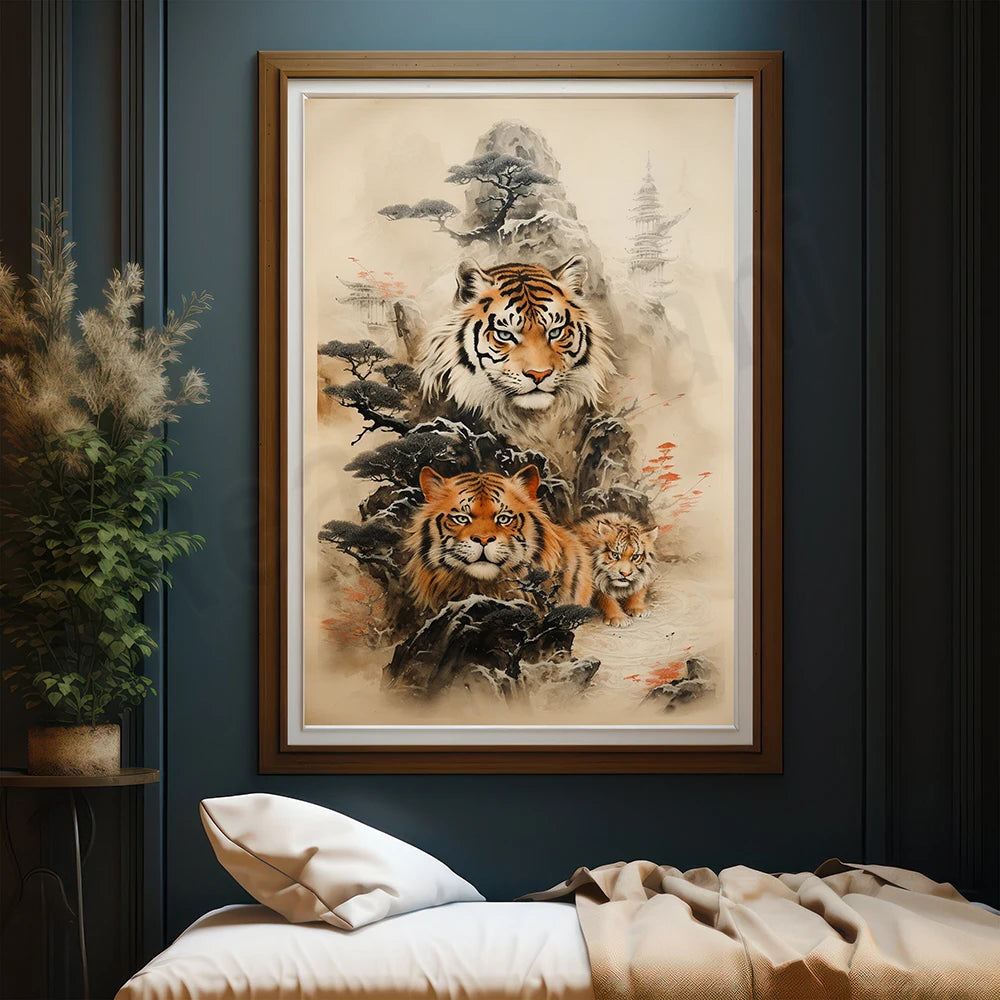 Le tableau représente un paysage naturel avec trois tigres majestueux dans un environnement brumeux et mystérieux, créant une atmosphère puissante et évocatrice.