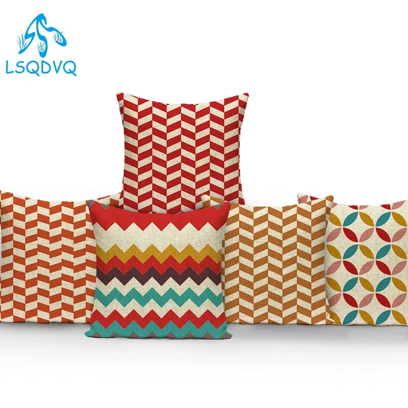 housse coussin carrée rayures horizontales géométriques rouge bleu beige décorative salon canapé maison
