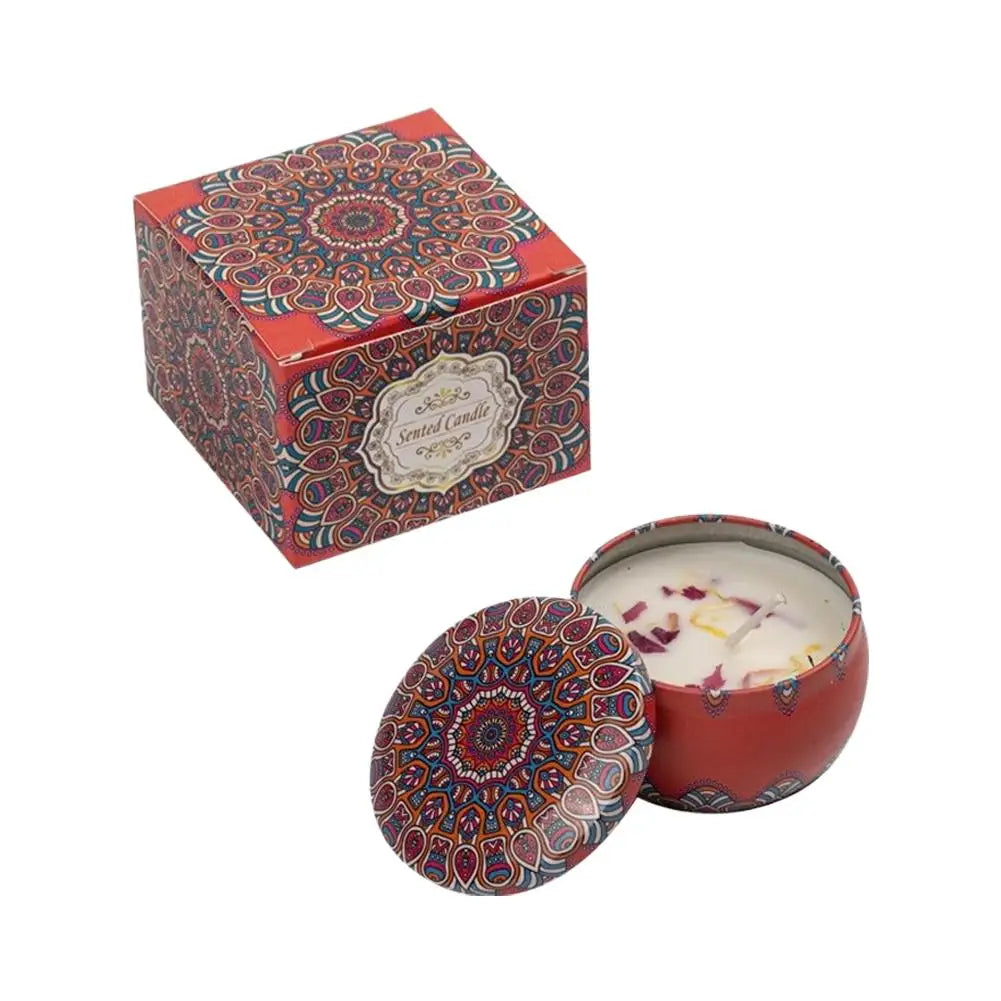 bougies parfumées boho chic bleu violet rouge blanc motifs floraux mandalas géométriques