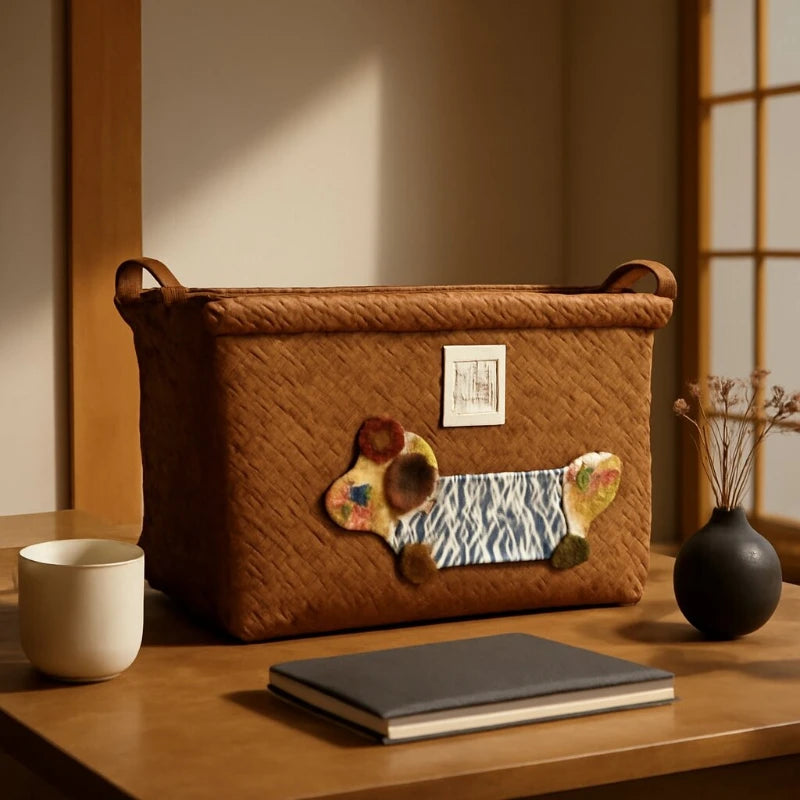 panier rangement rotin tissé marron clair brodé chien rustique poignées cuir décoration maison