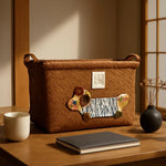 panier rangement rotin tissé marron clair brodé chien rustique poignées cuir décoration maison