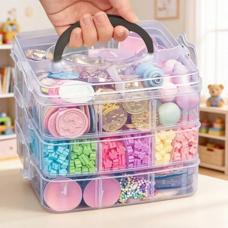 boîte rangement plastique transparente multi compartiments poignée bijoux jouets accessoires maison