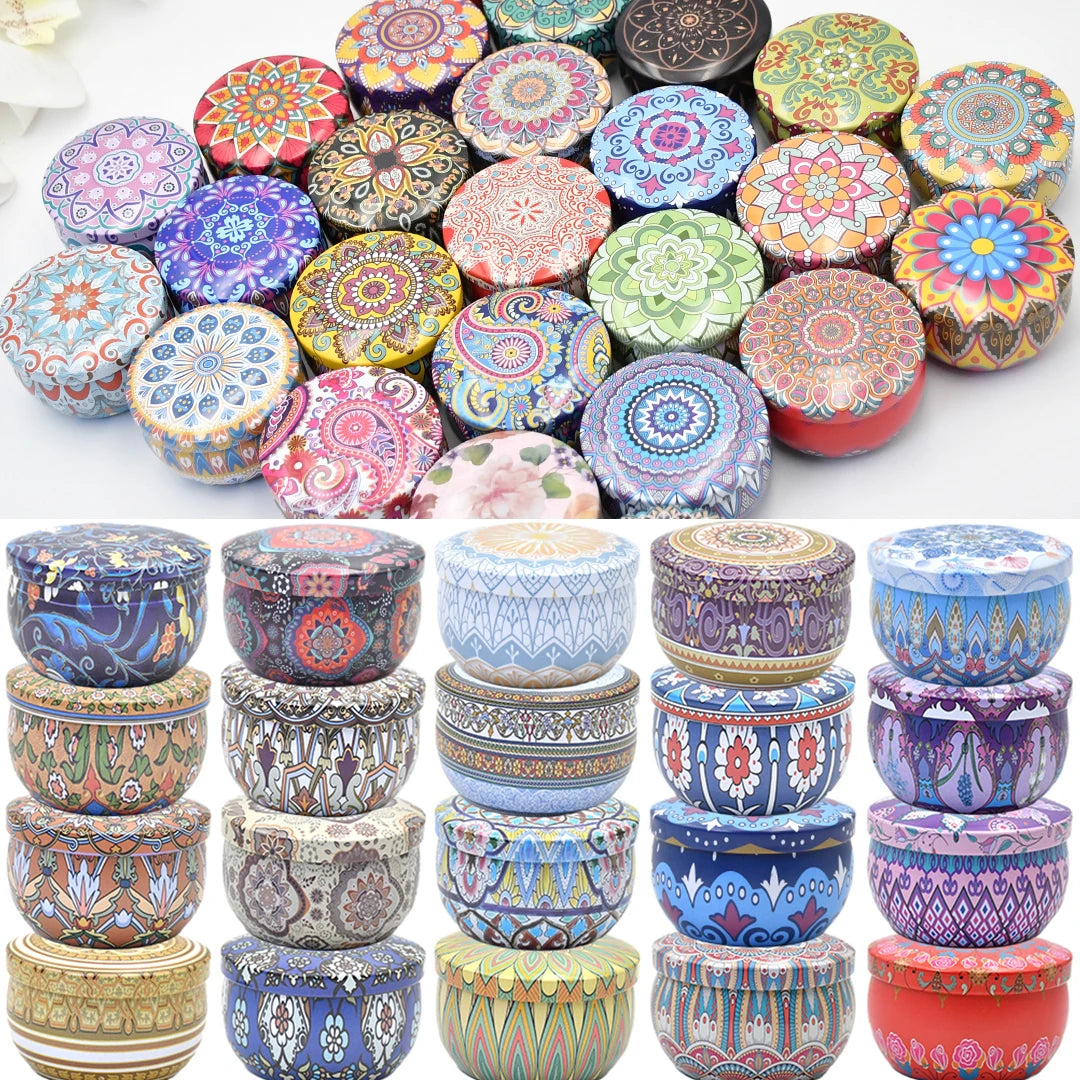 boîtes métal multicolores bohémiennes conteneurs aromatiques motifs floraux géométriques mandalas opaques rondes matériaux fabrication