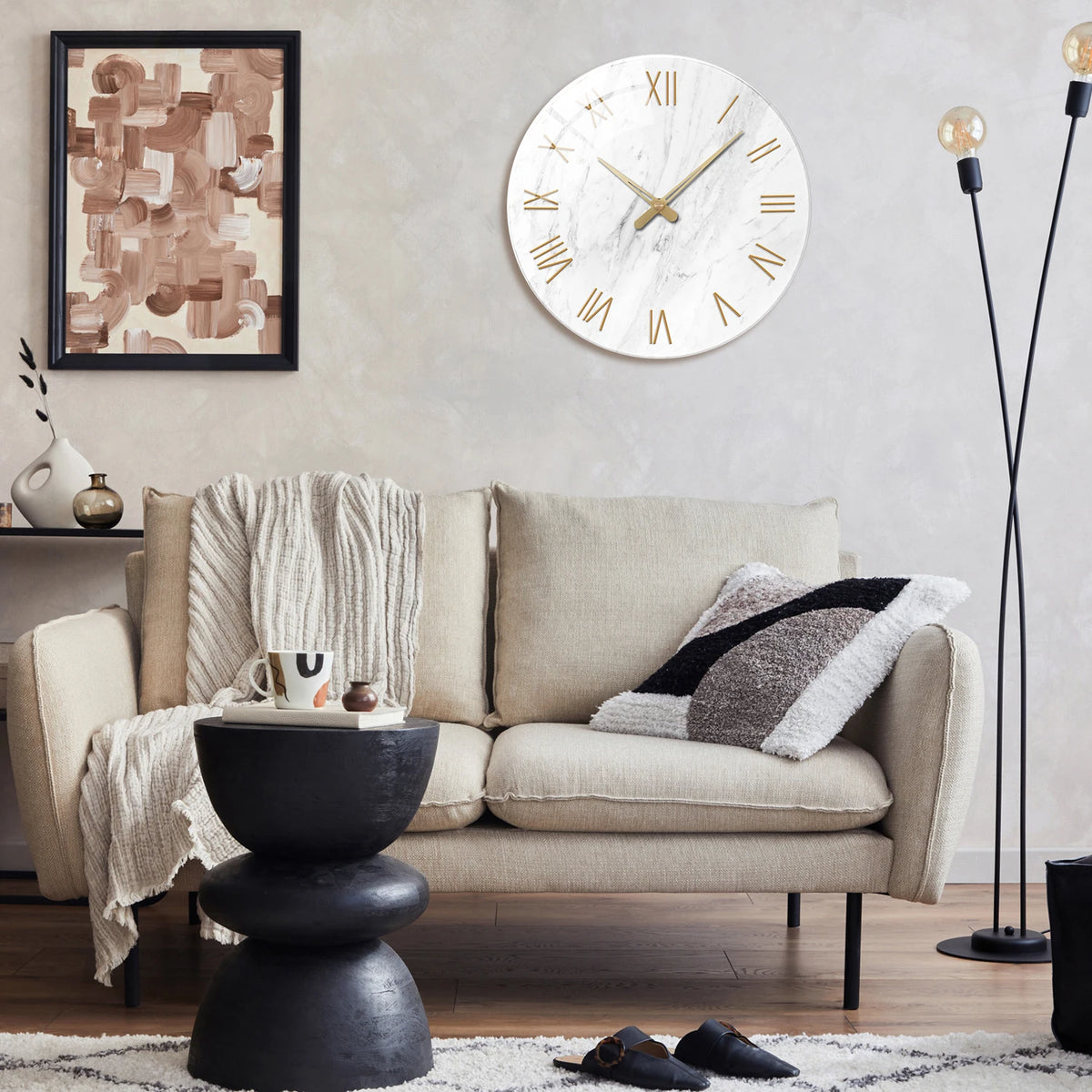 horloge murale moderne marbre blanc aiguille quartz 12 pouces adhésif salon