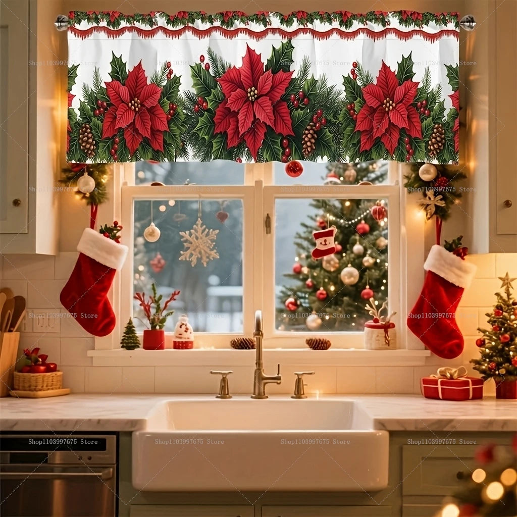 rideau fenêtre noël blanc rouge vert poinsettia houx opacité 140x45cm decoration façade cuisine