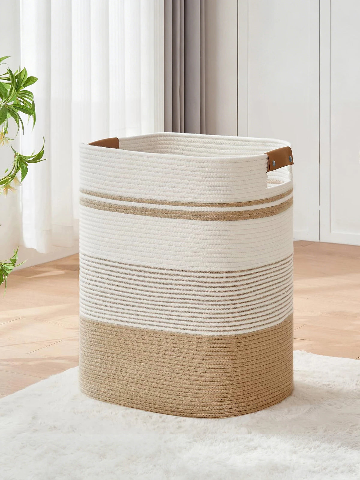 panier linge blanc rayures moderne poignées cuir tassel réutilisable polyester chambre salon