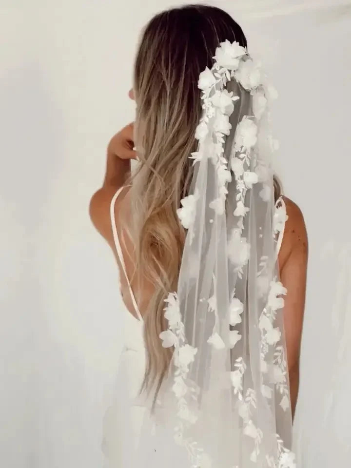 voile mariée blanc fleurs relief classique romantique transparent dentelle polyester femme