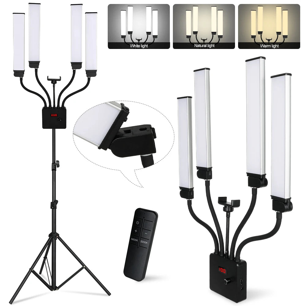 lampe photographie quatre bras noir blanc réglable continu 3200K 5600K clips aluminium moderne