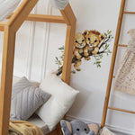 sticker mural illustration lionceaux branch feuilles marron beige vert blanc adhésif chambre salon hall