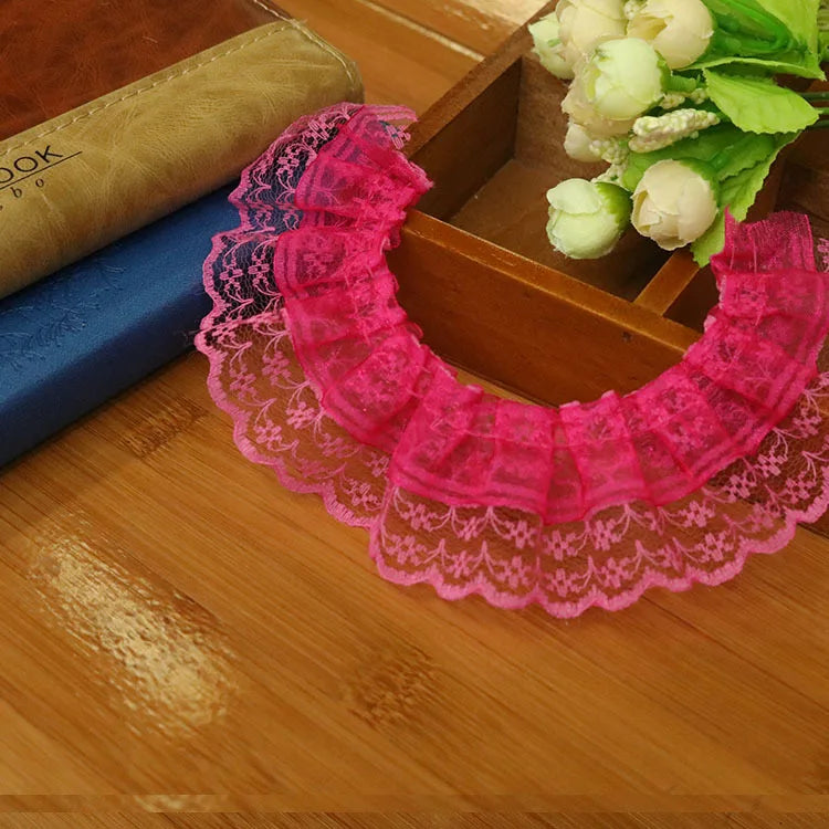 ruban dentelle fine rose clair rouge bleu clair vintage romantique fronces polyester 4.5cm
