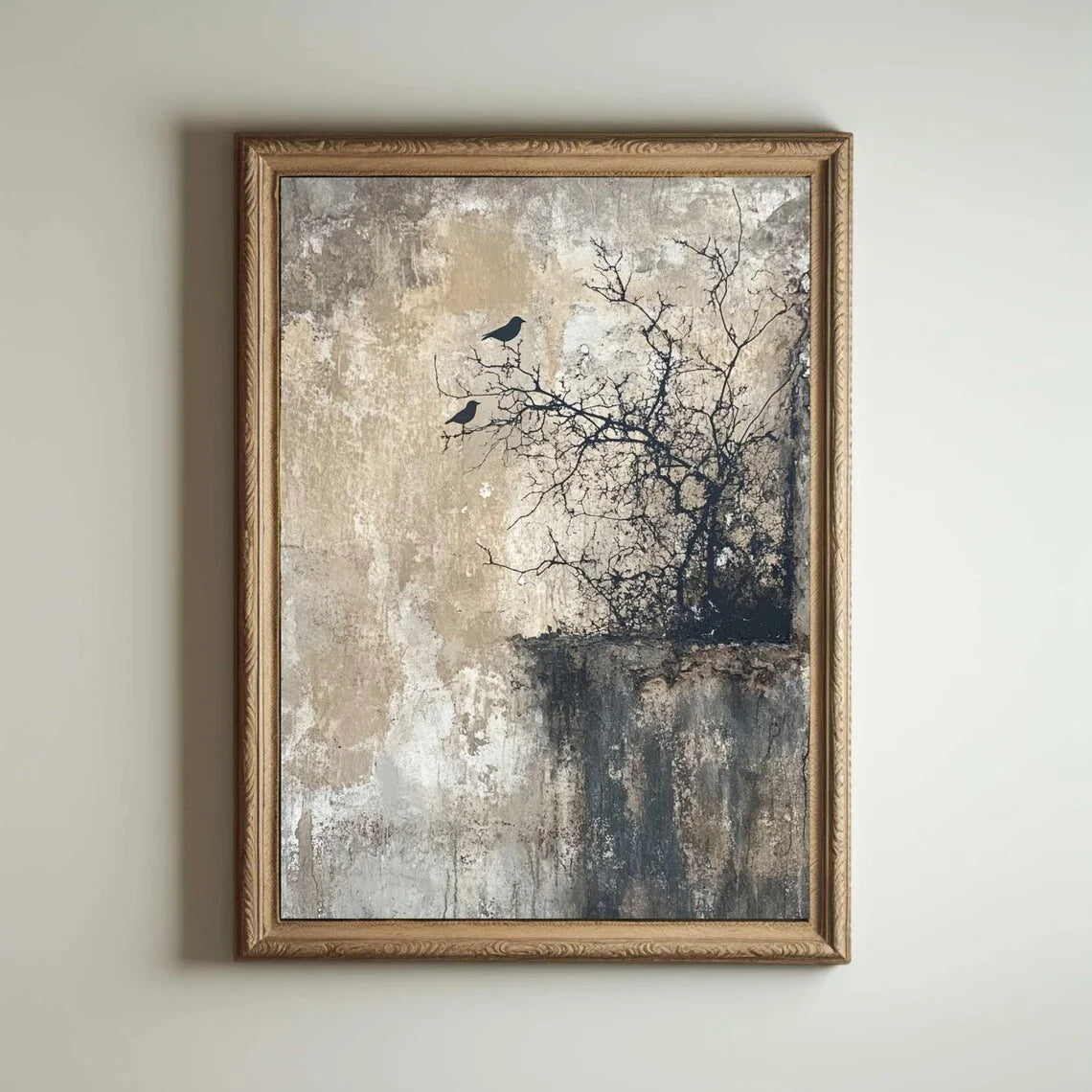 cadre mural abstrait contemporain branches noirs toile texturée minimaliste gris noir bleu