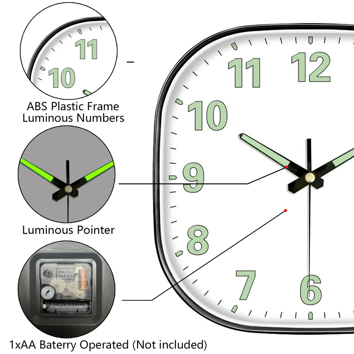 horloge murale moderne numéros lumineux vert cadre noir quartz aiguille simple transparente chambre salon