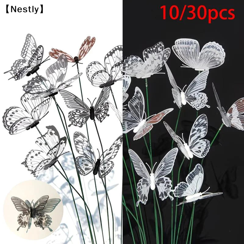 décorations papillons fleurs noires blanches argentées bronze texturées transparentes tige métallique bouquet plantes 25cm