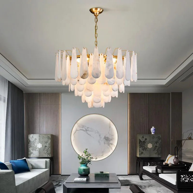 lustre moderne cuivre blanc marbre feuilles semi transparent salon chambre