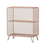 étagère moderne or gris métal maille trois niveaux livres plantes horloge lampe panier