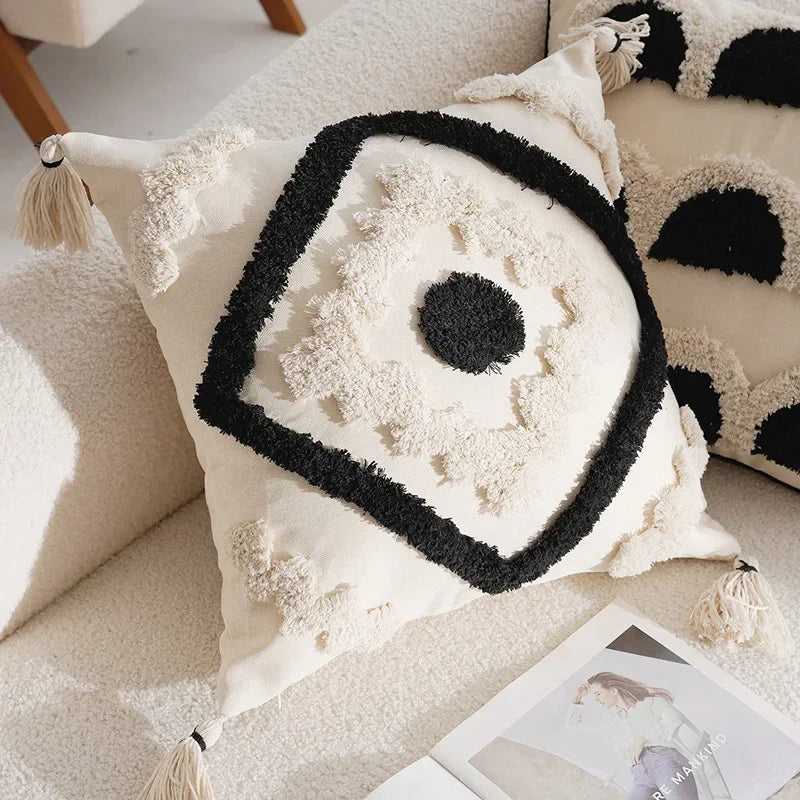 coussins géométriques blanc noir franges moderne décoration intérieure canapé salon amovible lavable polyester coton