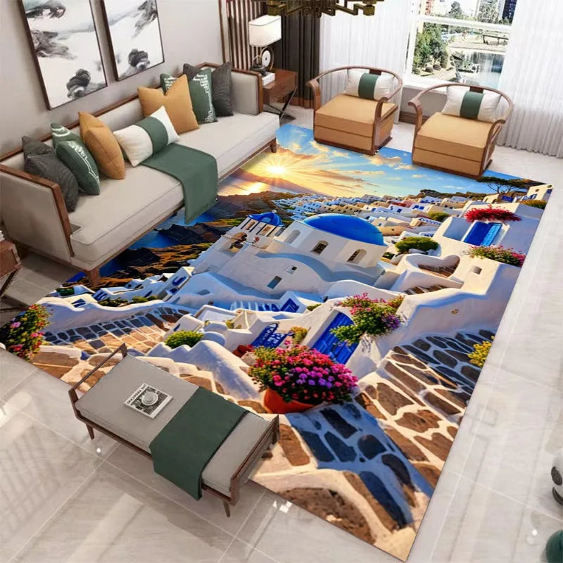 tapis salon moderne paysage montagne neige décoratif grand maison chambre bleu vert